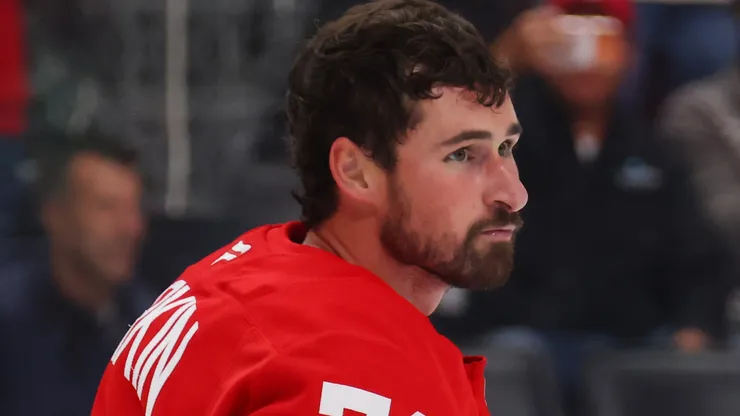 Dylan Larkin #71 of the Detroit Red Wings after a second period fight.