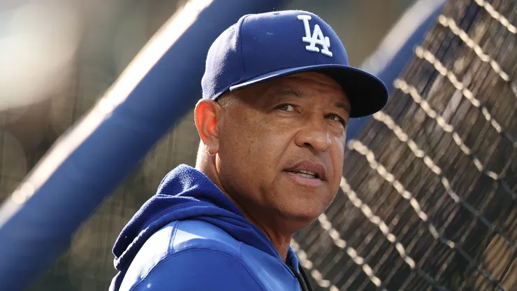 Manager Dave Roberts #30 of the Los Angeles Dodgers looks on during batting practice.