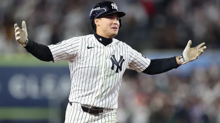 Anthony Volpe #11 of the New York Yankees reacts.