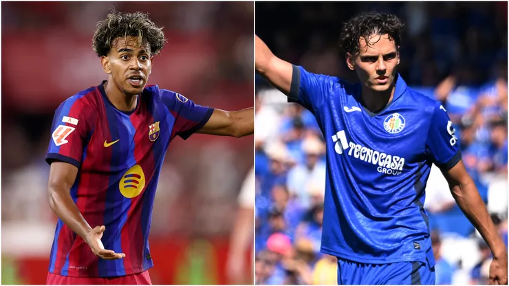 Lamine Yamal of FC Barcelona and Enes Unal of Getafe