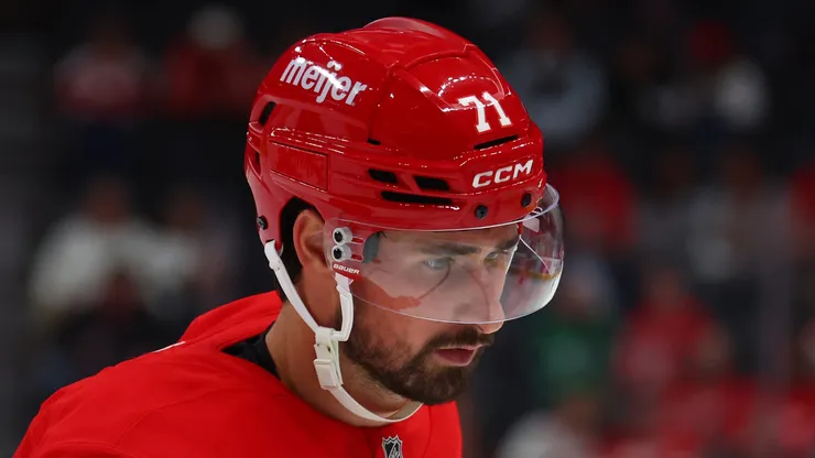 Dylan Larkin #71 of the Detroit Red Wings at Little Caesars Arena in Detroit, Michigan.