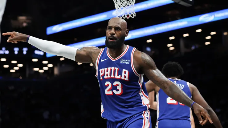 LeBron James #23 of the Philadelphia 76ers reacts.