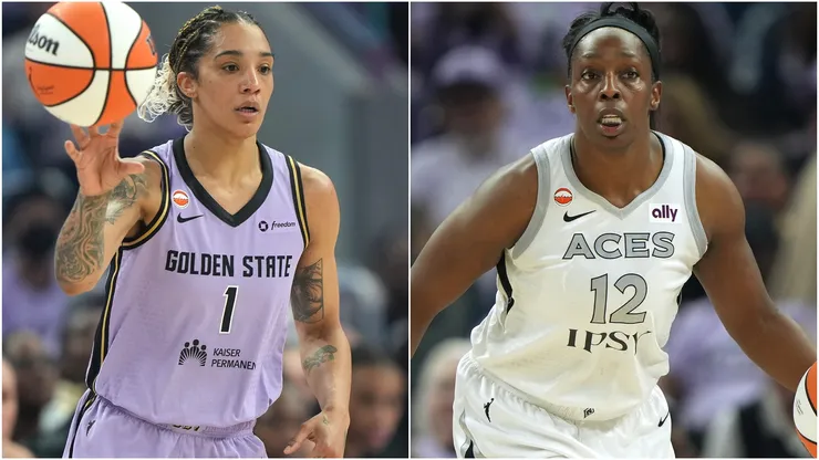 Gabby Williams #1 of the Golden State Valkyries and Chelsea Gray #12 of the Las Vegas Aces