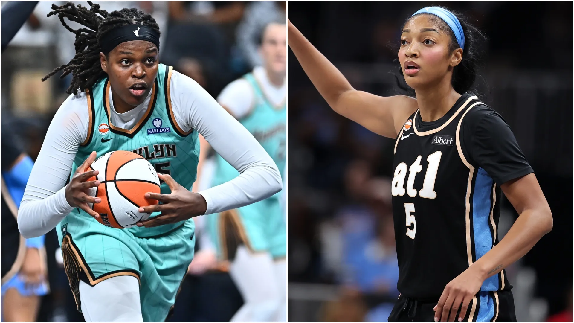 Jonquel Jones #35 of the New York Liberty and Angel Reese #5 of the Atlanta Dream (Source: Paras Griffin/Jonathan Bachman — Getty Images)