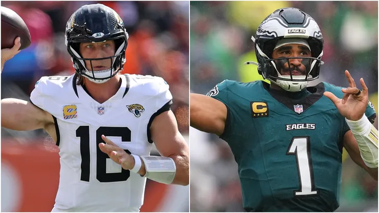 Trevor Lawrence #16 of the Jacksonville Jaguars and Jalen Hurts #1 of the Philadelphia Eagles