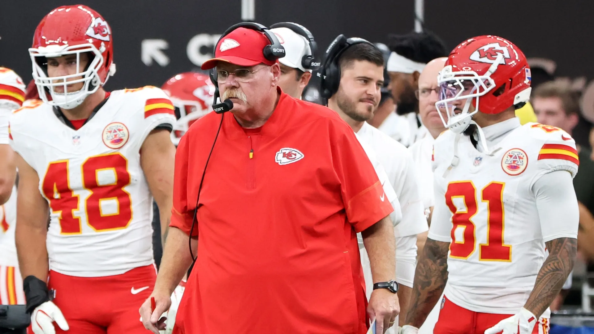 Cole Christiansen #48, head coach Andy Reid and Nikko Remigio #81 of the Chiefs (Source: Ethan Miller/Getty Images)