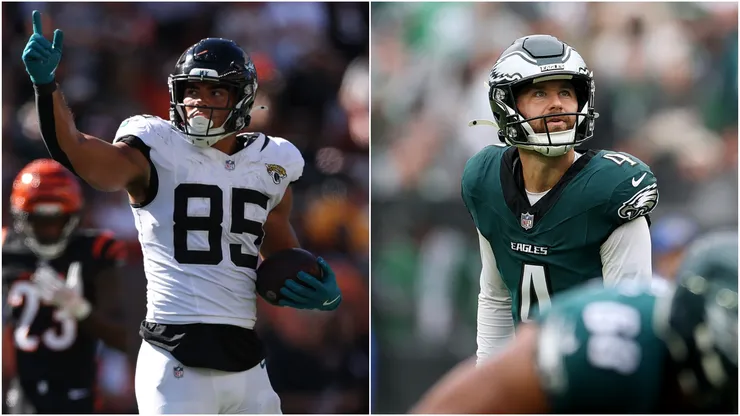 Brenton Strange #85 of the Jacksonville Jaguars and Jake Elliott #4 of the Philadelphia Eagles