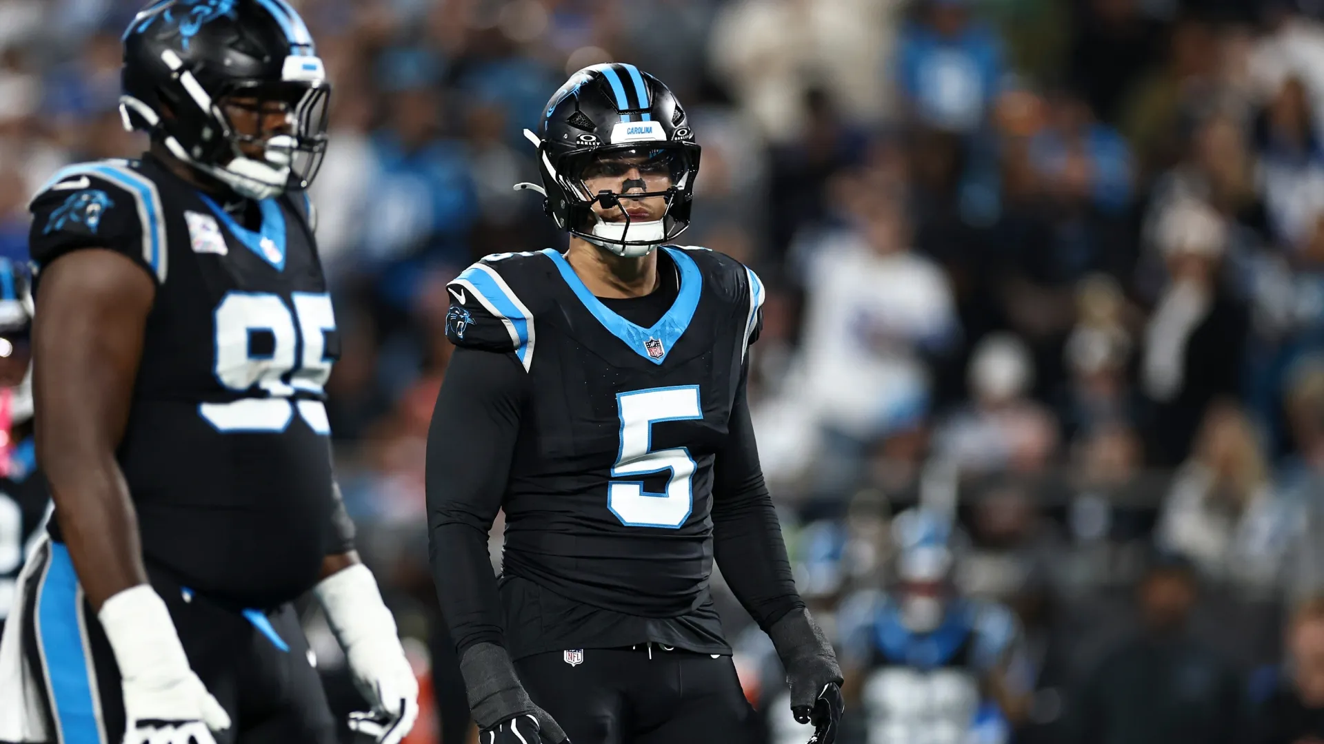 Derrick Brown #95 and Jaelan Phillips #5 of the Carolina Panthers (Source: Jared C. Tilton/Getty Images)
