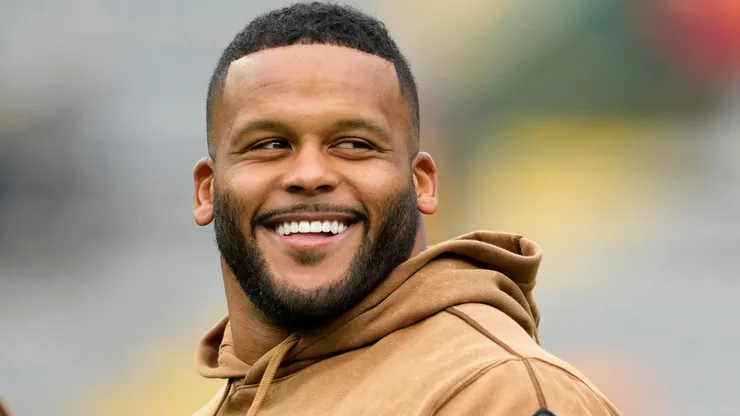 Aaron Donald #99 of the Los Angeles Rams reacts prior to a game.