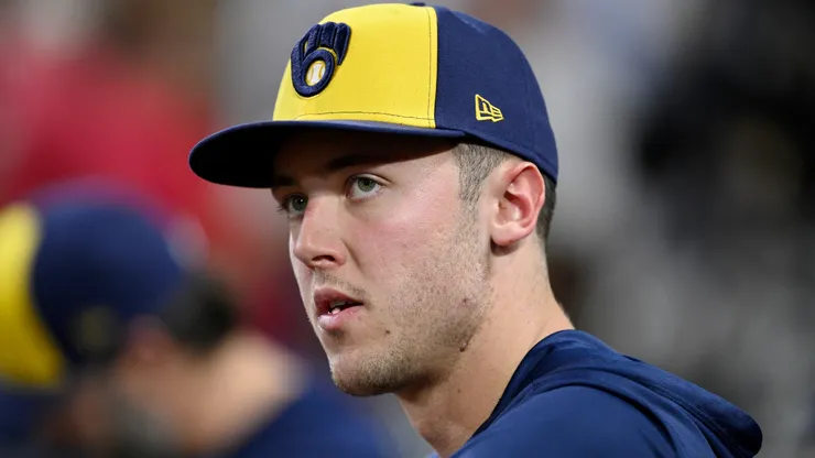 Jacob Misiorowski #32 of the Milwaukee Brewers looks on.