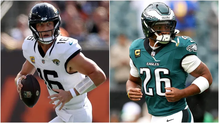 Trevor Lawrence #16 of the Jacksonville Jaguars and Saquon Barkley #26 of the Philadelphia Eagles