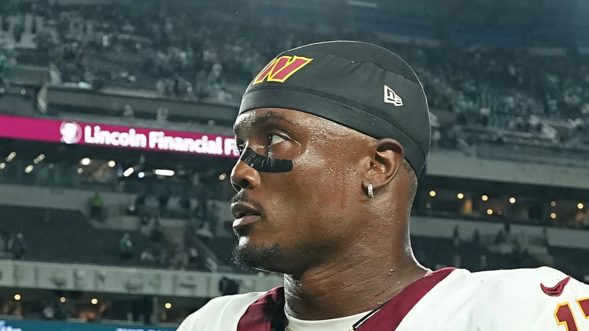 Terry McLaurin #17 of the Washington Commanders walks off the field after losing to the Philadelphia Eagles 24-22 at Lincoln Financial Field on September 13, 2026 in Philadelphia, Pennsylvania.