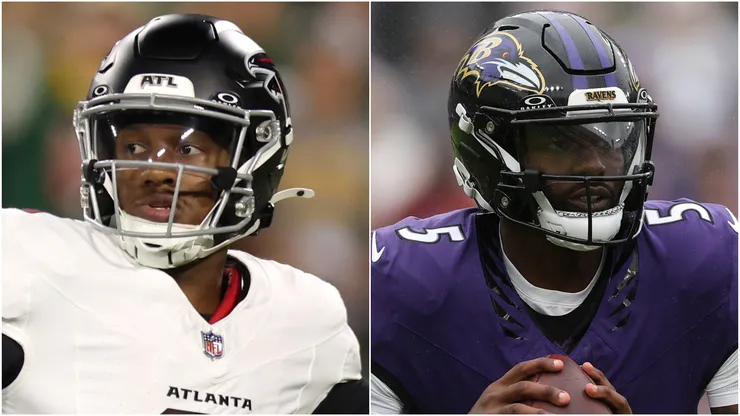 Michael Penix Jr. #9 of the Atlanta Falcons and Tyler Huntley #5 of the Baltimore Ravens.