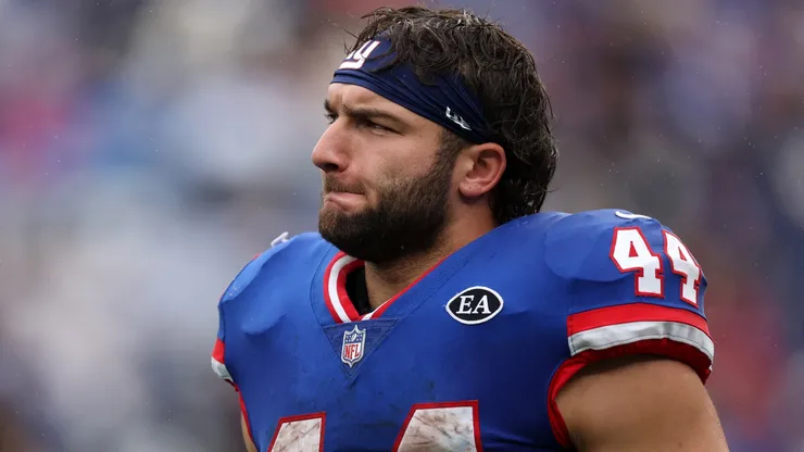 Cam Skattebo #44 of the New York Giants looks on during an injury timeout.