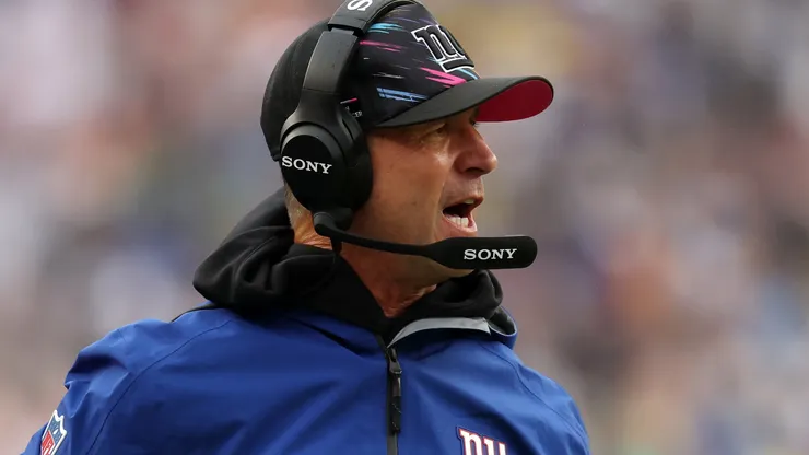 Head coach John Harbaugh of the New York Giants looks on during the fourth quarter.