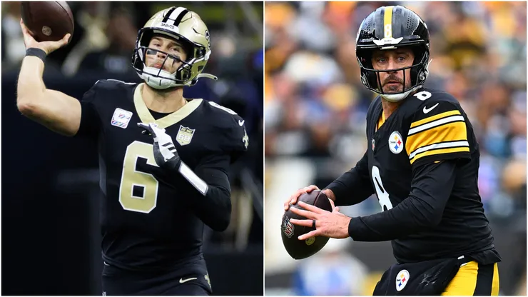 Tyler Shough #6 of the New Orleans Saints and Aaron Rodgers #8 of the Pittsburgh Steelers