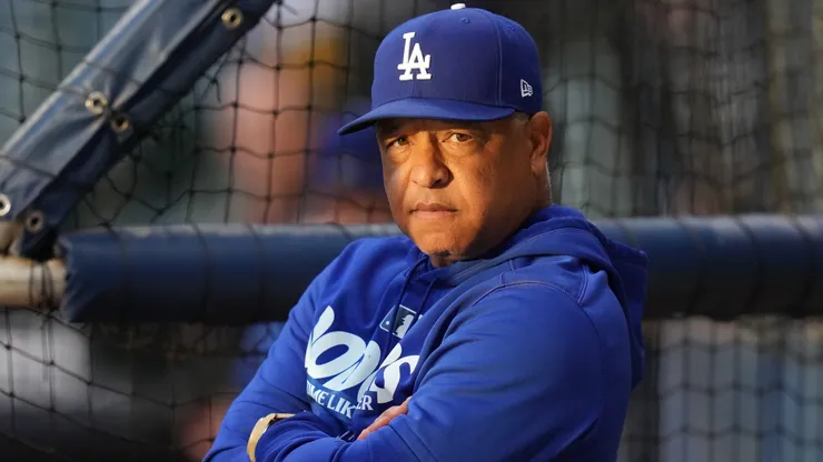 Manager Dave Roberts #30 of the Los Angeles Dodgers looks on prior to game one.