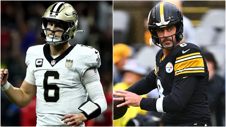 Tyler Shough #6 of the New Orleans Saints and Aaron Rodgers #8 of the Pittsburgh Steelers