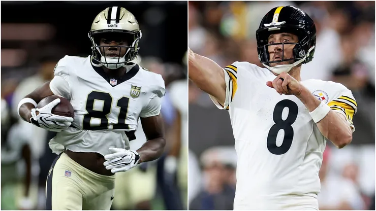 Kevin Austin Jr. #81 of the New Orleans Saints and Aaron Rodgers #8 of the Pittsburgh Steelers