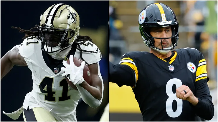 Alvin Kamara #41 of the New Orleans Saints and Aaron Rodgers #8 of the Pittsburgh Steelers