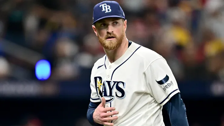 Drew Rasmussen #57 of the Tampa Bay Rays reacts.