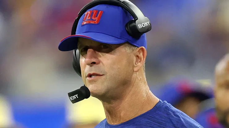 Head coach John Harbaugh of the New York Giants looks on against the Los Angeles Rams.