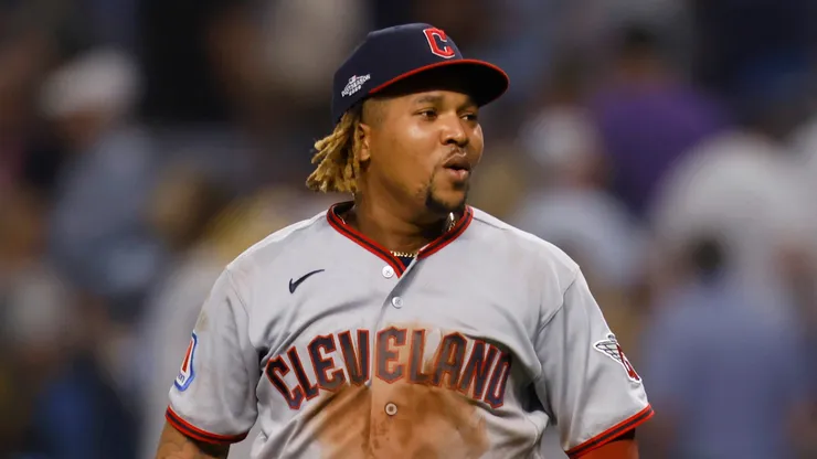 Jose Ramirez #11 of the Cleveland Guardians celebrates.
