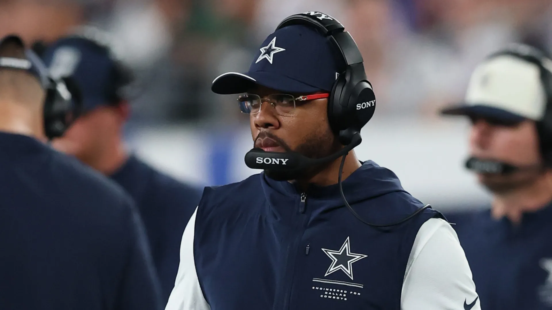 Defensive coordinator Christian Parker of the Dallas Cowboys looks on during the fourth quarter against the New York Giants at MetLife Stadium on September 13, 2026 in East Rutherford, New Jersey.