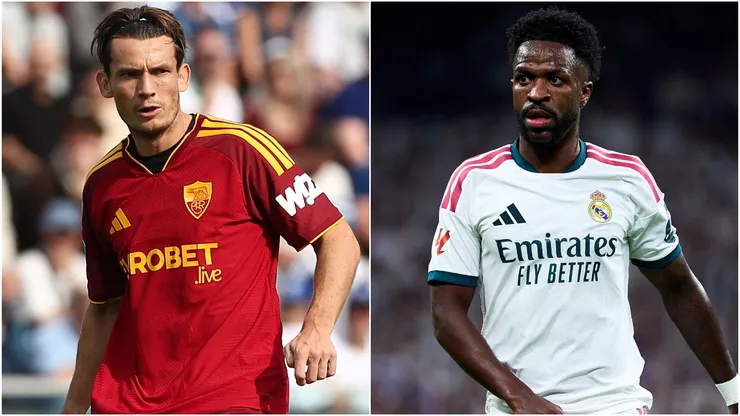 Marten De Roon of AS Roma and Vinicius Junior of Real Madrid