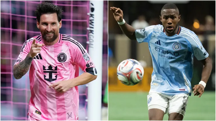 Lionel Messi #10 of Inter Miami and Andres Perea #8 of New York City FC