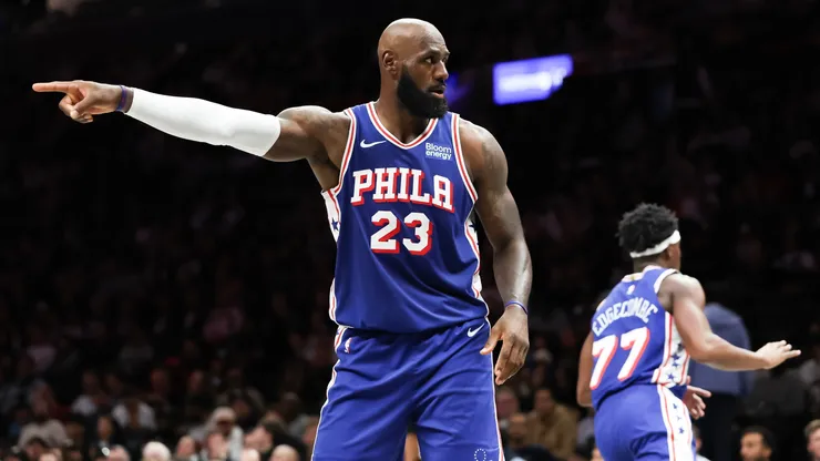 LeBron James #23 of the Philadelphia 76ers reacts.