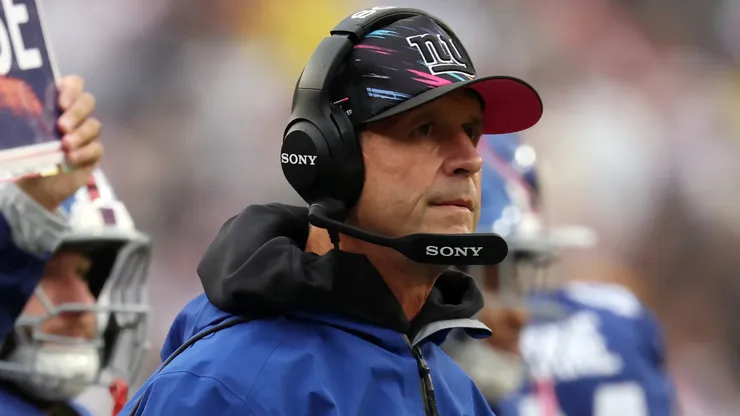 Head coach John Harbaugh of the New York Giants looks on during the fourth quarter.