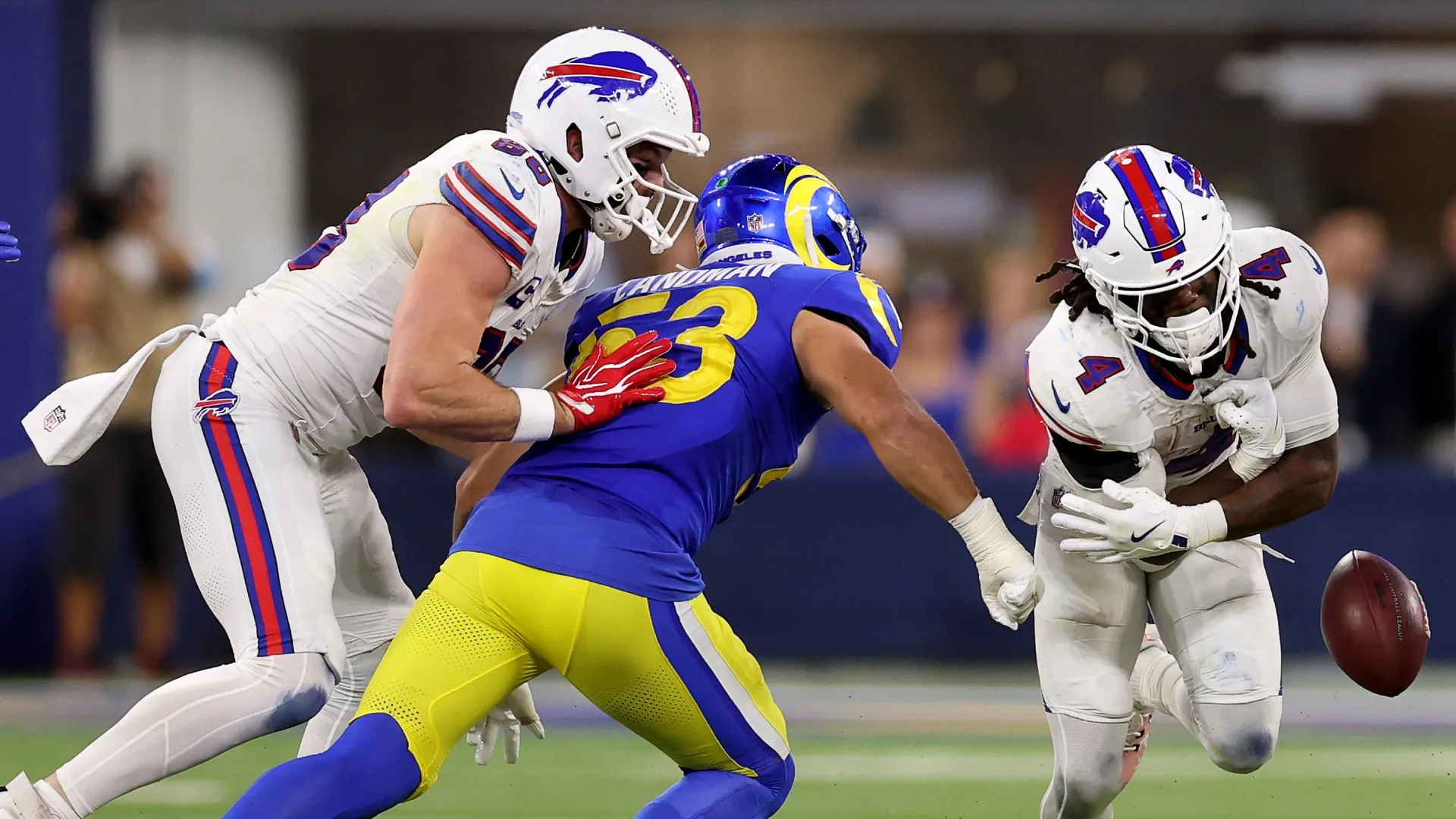 James Cook fumbles the ball against the Rams.