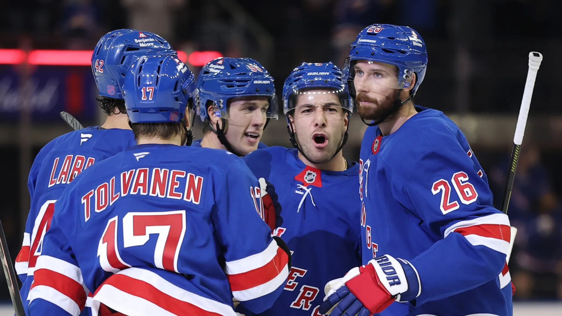 The New York Rangers’ third line: Will Cuylle, Noah Laba, and Eeli Tolvanen.