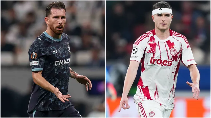 Pierre Emile Hojbjerg of Olympique de Marseille and Lorenzo Pirola of Olympiacos