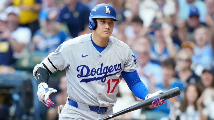 Shohei Ohtani #17 of the Los Angeles Dodgers walks back.