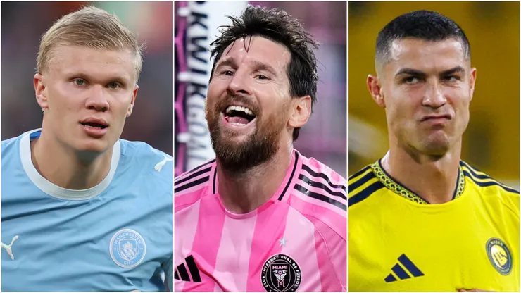 Erling Haaland of Man.City, Lionel Messi of Inter Miami and Cristiano Ronaldo of Al Nassr.
