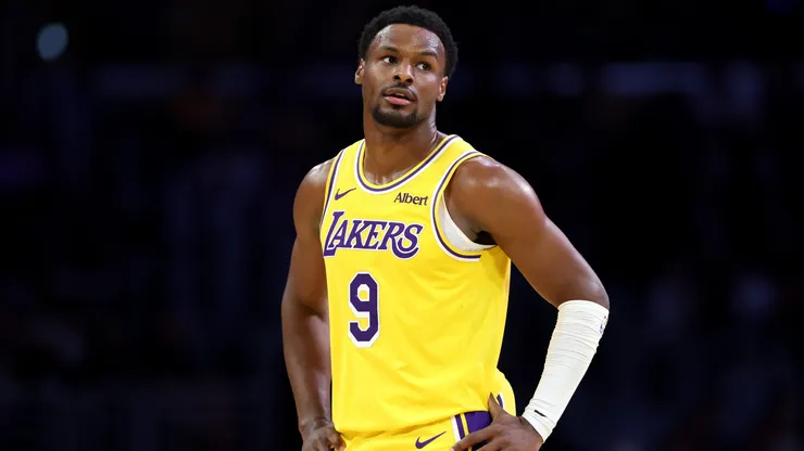 Bronny James #9 of the Los Angeles Lakers looks on.