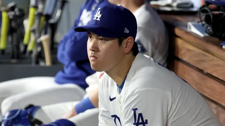Shohei Ohtani #17 of the Los Angeles Dodgers looks on.