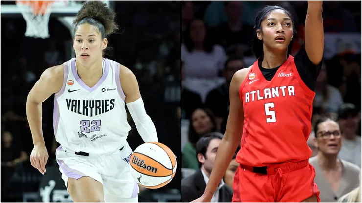 Veronica Burton #22 of the Golden State Valkyries and Angel Reese #5 of the Atlanta Dream