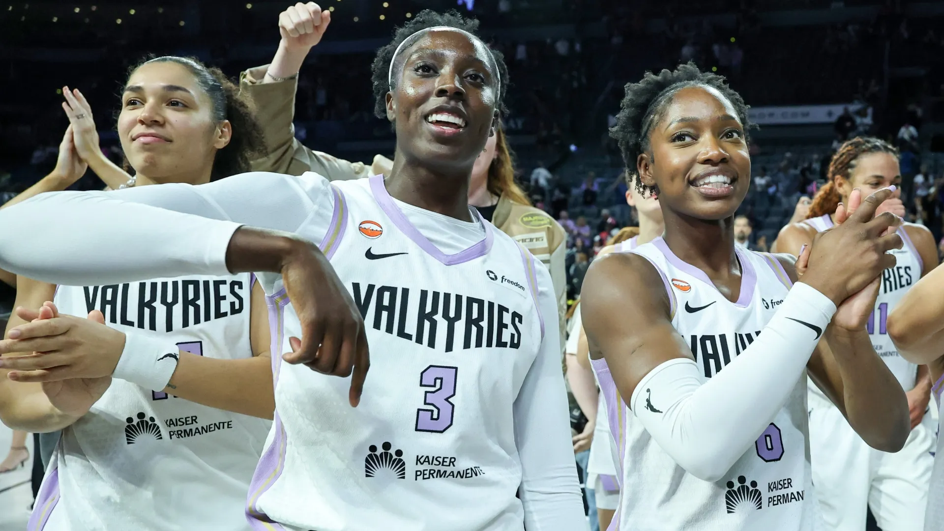 Janelle Salaun #13, Laeticia Amihere #3 and Kaila Charles #6 of the Valkyries (Source: Ethan Miller/Getty Images)