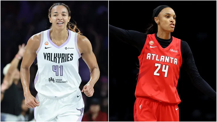 Kiah Stokes #41 of the Golden State Valkyries and DeWanna Bonner #24 of the Atlanta Dream