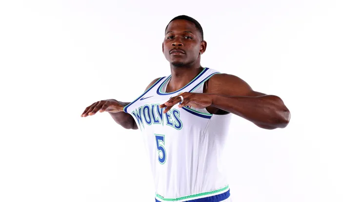 Anthony Edwards #5 of the Minnesota Timberwolves poses for a portrait.