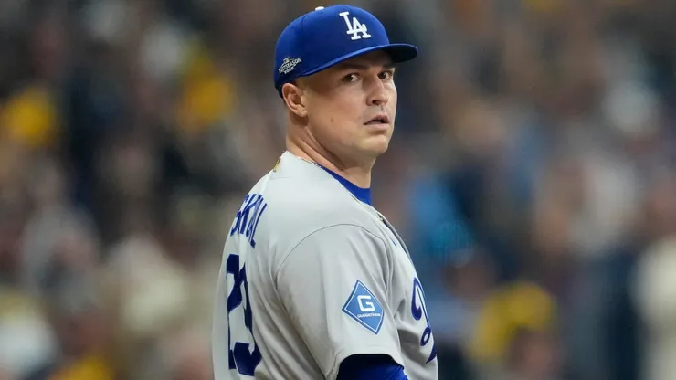 Tarik Skubal #29 of the Los Angeles Dodgers reacts.