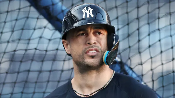 Giancarlo Stanton #27 of the New York Yankees takes batting practice.