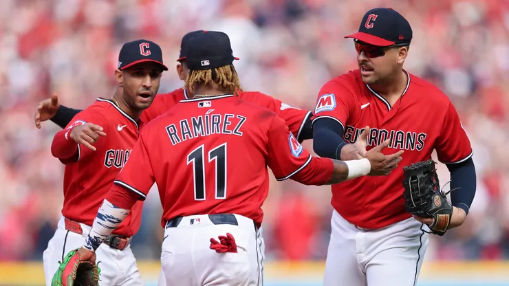 Jose Ramirez #11, Nathaniel Lowe #46, Brayan Rocchio #4, and Angel Genao #17 of the Cleveland Guardians.