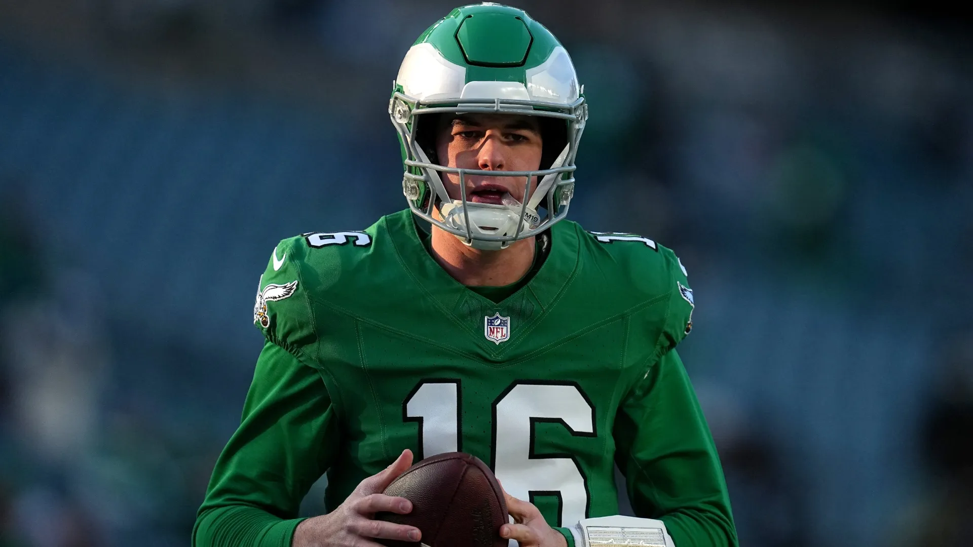 Tanner McKee #16 of the Philadelphia Eagles (Source: Mitchell Leff/Getty Images)