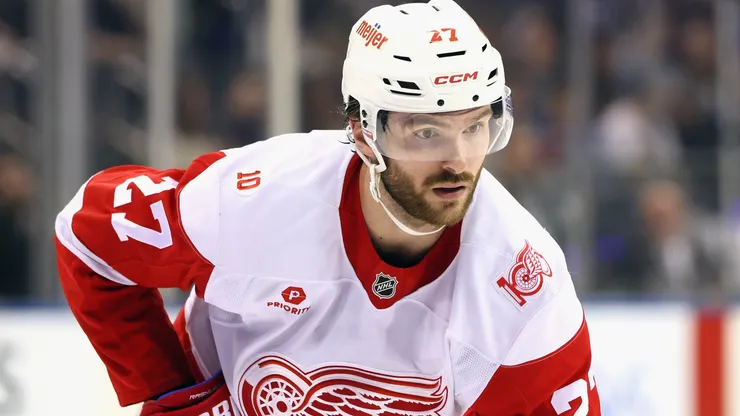 Michael Rasmussen #27 of the Detroit Red Wings skates against the New York Rangers.