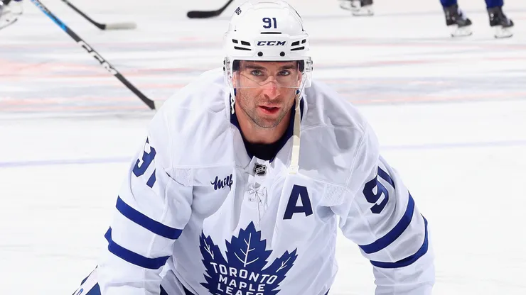John Tavares #91 of the Toronto Maple Leafs warms up prior to a game against the New York Islanders.