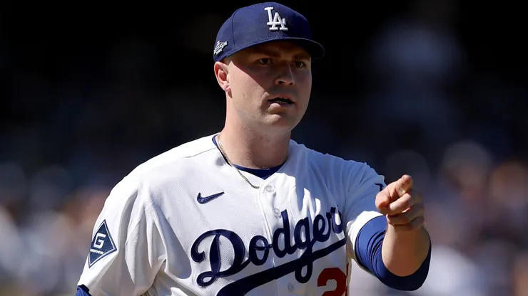 Tarik Skubal #29 of the Los Angeles Dodgers reacts.
